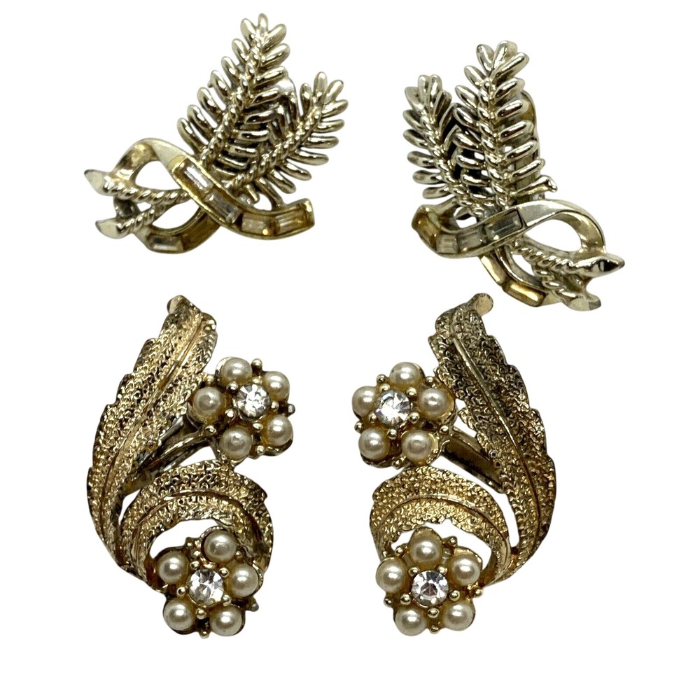 Vintage‎ Coro Signed Lot of 2 Pairs Clip On Gold Tone Earrings Rhinestone Floral